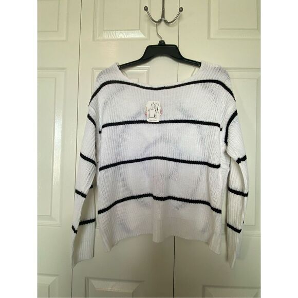 FULL CIRCLE TRENDS 1X 2-WAY WHITE/Black Stripe LONG SLEEVE SWEATER - Picture 2 of 10